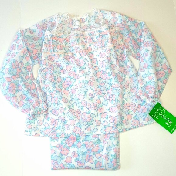Vtg NEW Girls Flannel PJ Set Flannelette Floral Smocked Lace Pink Blue by Candle - Picture 3 of 9